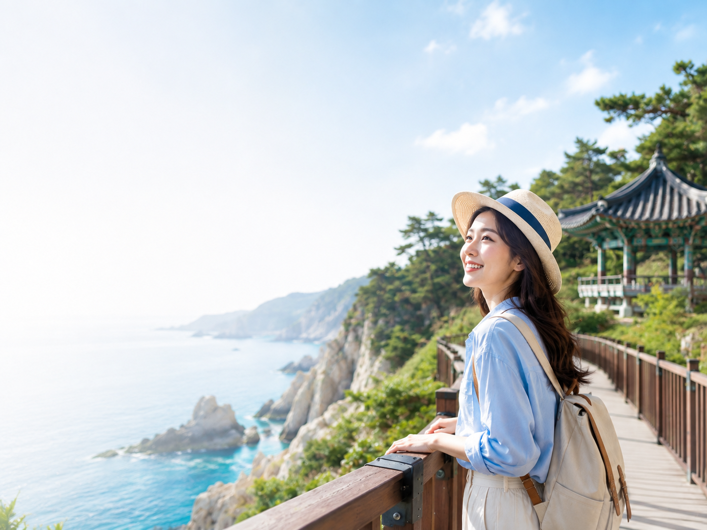 푸른 바다와 국내 여행지를 배경으로 여행을 즐기는 모넷투어 국내여행 대표 이미지